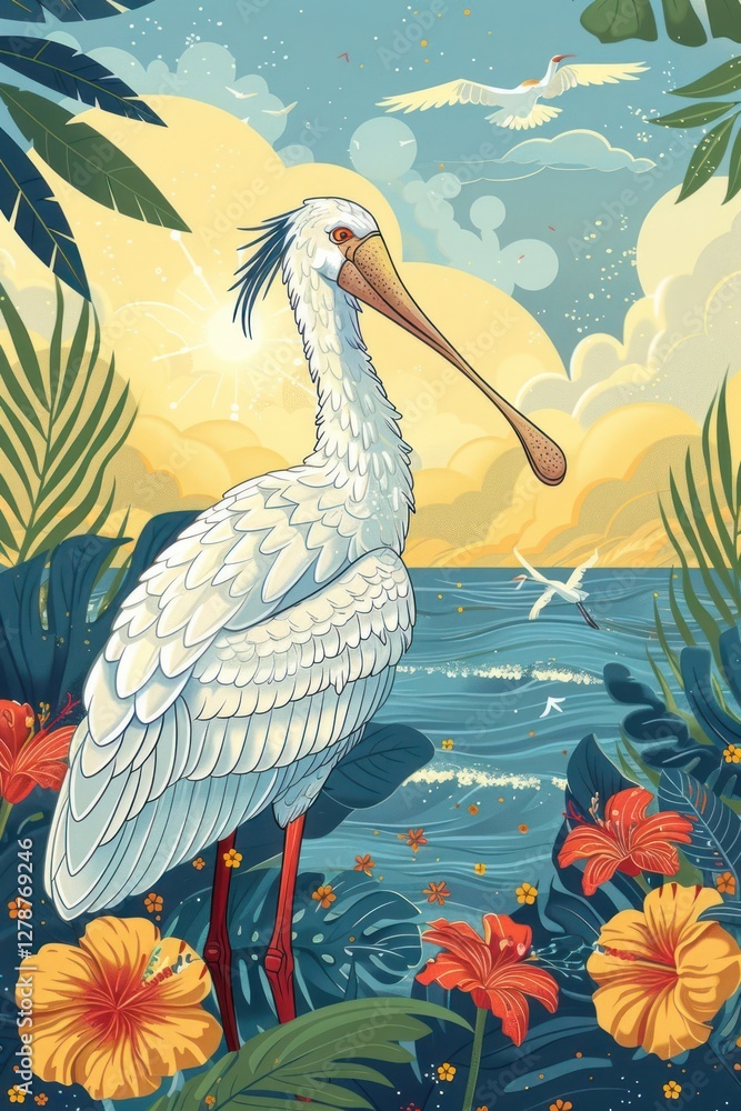 Fototapeta premium A colorful illustration of a white heron amidst tropical foliage and a serene ocean backdrop.