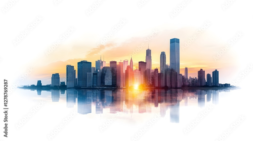 Obraz premium a city skyline silhouette with sunrise or sunset reflection on the water
