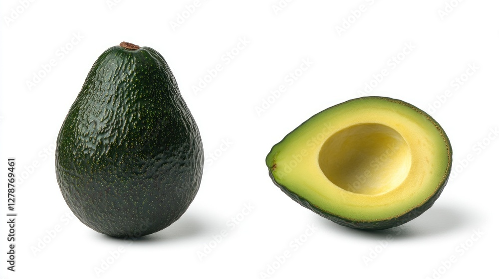 Whole and halved avocado on white background, healthy food Whole and halved avocado on white background, healthy food