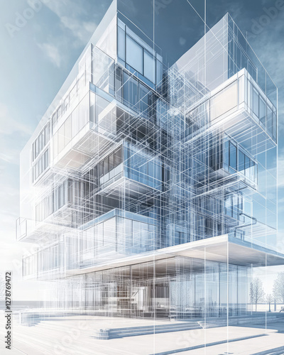 A sophisticated urban apartment building concept with a transparent 3D blueprint effect, showing structural framework, facade materials, and engineering precision 