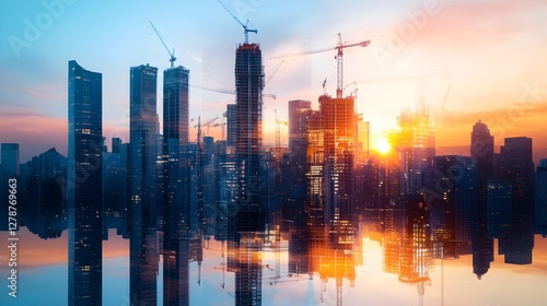 a stunning cityscape with tall buildings and construction cranes reflected in the water at sunset