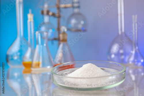 Petri dish with white powder against laboratory glassware background.