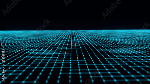 Abstract wireframe landscape. Vector perspective grid on dark background. Detailed lines on black background. Perspective tile floor. Detailed grid lines in infinity
