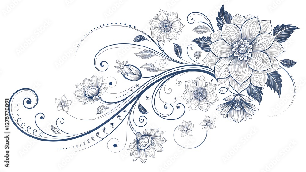 Elegant floral line art with decorative swirls pe Elegant floral line art with decorative swirls pe