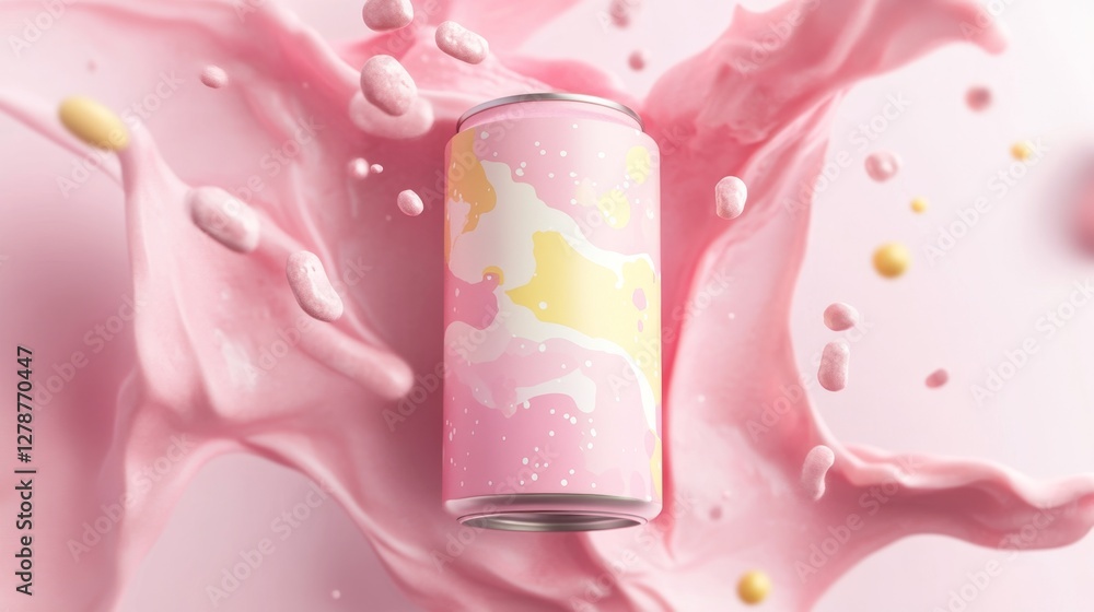 Modern 3D Render of a Smooth Probiotic Drink Can in Splashing Liquid Modern 3D Render of a Smooth Probiotic Drink Can in Splashing Liquid