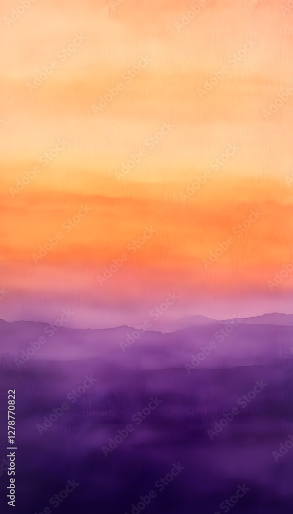 Fototapeta premium Gradient sunset over hazy mountain ranges painting evokes serenity