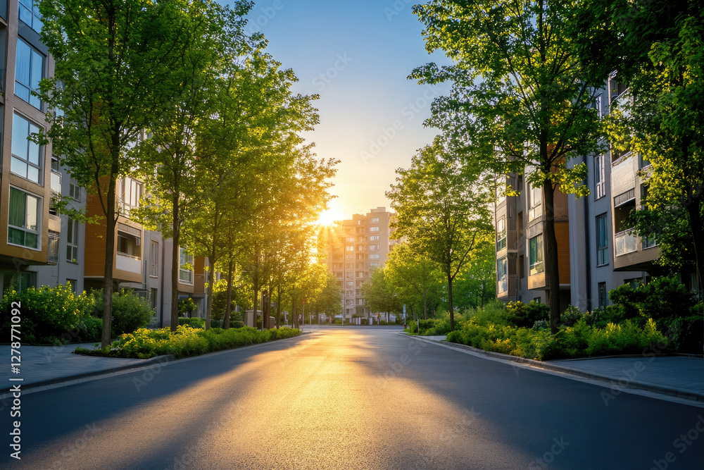 A tranquil urban scene featuring a smooth asphalt road flanked by contemporary high-rise apartments and evenly spaced trees, illuminated by golden sunlight under a clear blue sky A tranquil urban scene featuring a smooth asphalt road flanked by contemporary high-rise apartments and evenly spaced trees, illuminated by golden sunlight under a clear blue sky