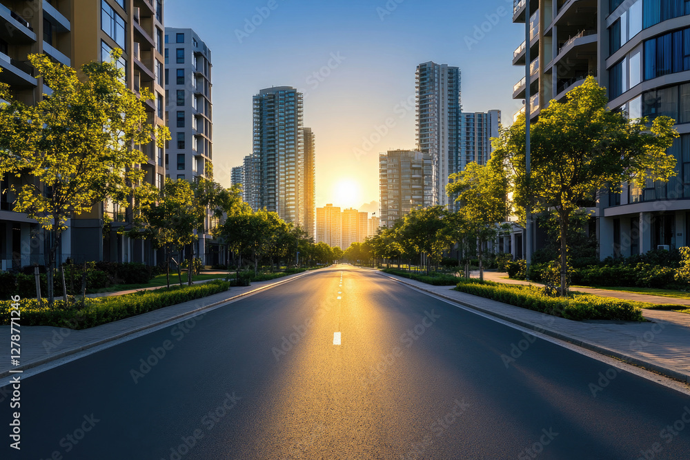 A tranquil urban scene featuring a smooth asphalt road flanked by contemporary high-rise apartments and evenly spaced trees, illuminated by golden sunlight under a clear blue sky A tranquil urban scene featuring a smooth asphalt road flanked by contemporary high-rise apartments and evenly spaced trees, illuminated by golden sunlight under a clear blue sky