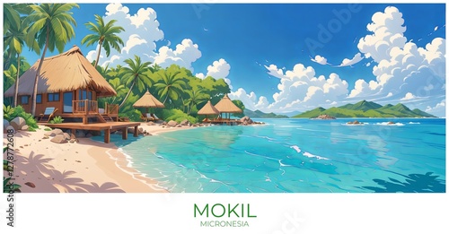 Mokil Micronesia Travel Poster Flat Illustration Print Decor Gift Canvas Wall Art photo