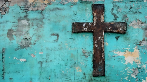 Simple cross graffiti on a turquoise wall
