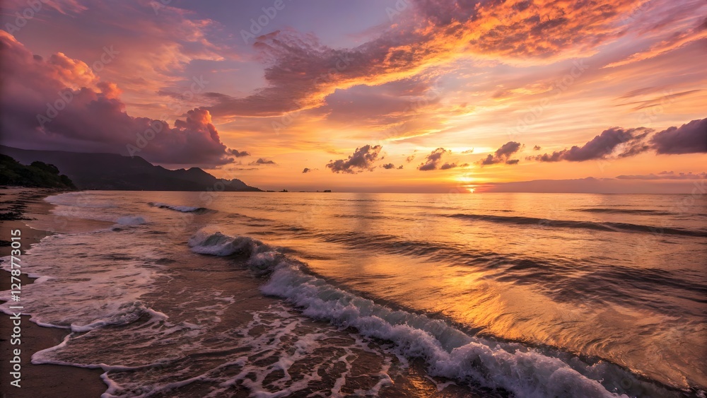 Obraz premium Breathtaking sunset over a tranquil ocean with gol
