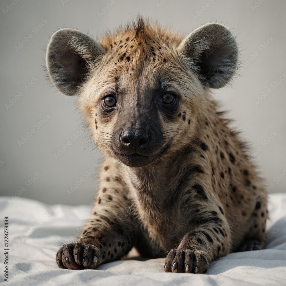 Obraz premium A baby hyena sitting with big, curious eyes, centered on a clean white canvas.