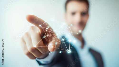 Businessman interacting with network connection lines and dots, concept of global business and technology