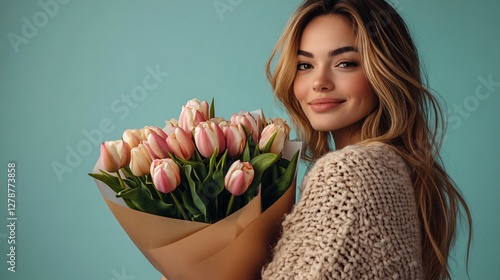 woman with tulips bouquet on studio background