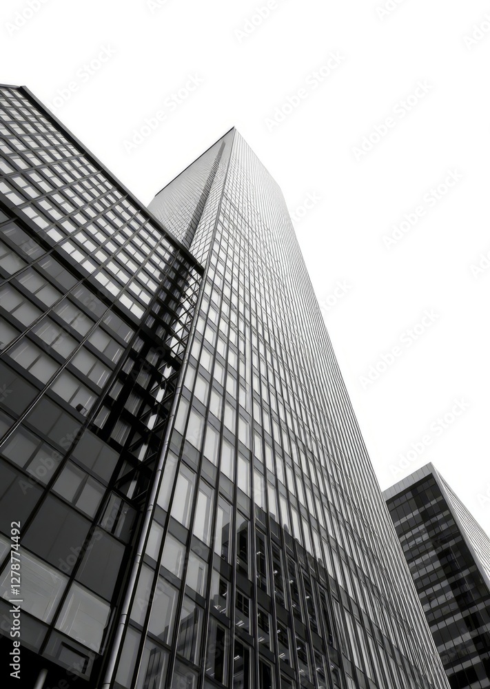 Modern skyscraper, glass facade, geometric architecture, urban landscape, low angle view, monochrome, black and white photography, reflective surfaces, towering structure, corporate building, minimali Modern skyscraper, glass facade, geometric architecture, urban landscape, low angle view, monochrome, black and white photography, reflective surfaces, towering structure, corporate building, minimali