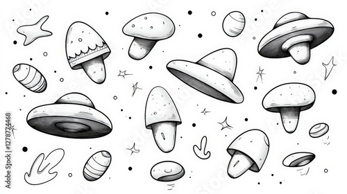 Whimsical Hand-Drawn Mushrooms and UFOs in Black and White Doodle Art Style Design photo