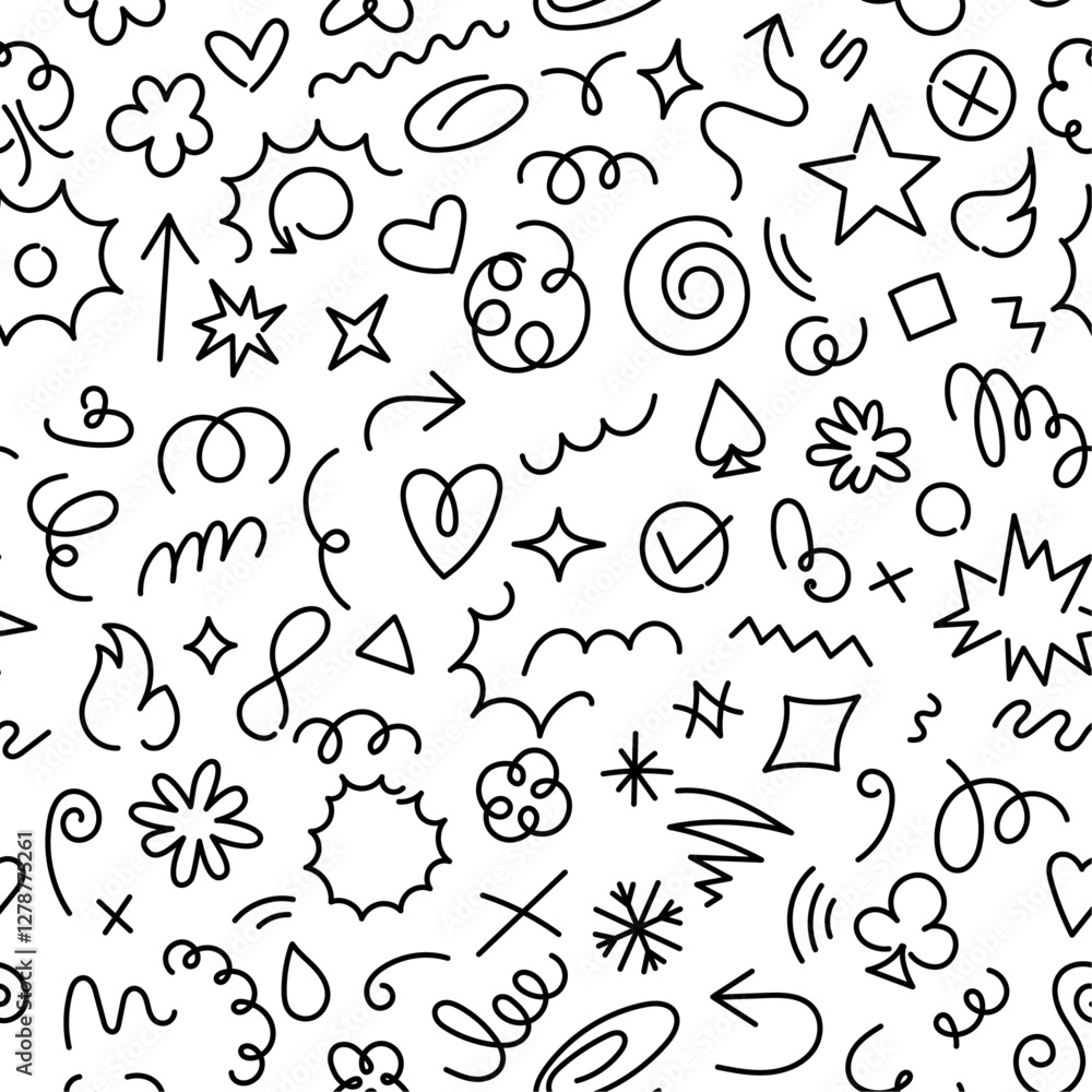 Seamless vector pattern featuring black and white hand-drawn stickers, scribbles, and doodles in a minimalist linear style. Square-format with monoline elements for posters, social media, prints Seamless vector pattern featuring black and white hand-drawn stickers, scribbles, and doodles in a minimalist linear style. Square-format with monoline elements for posters, social media, prints