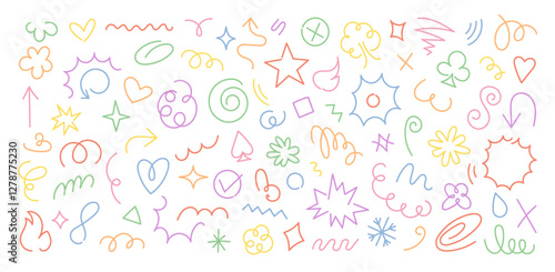 Vector collection of multicolor hand-drawn stickers, scribbles, and doodles in a minimalist linear style. Simple Colorful monoline design elements with perfect for posters, social media, prints