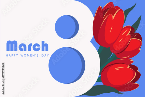 Background for March 8. Red tulips with number 8. Happy International Women's Day. Vector illustration.