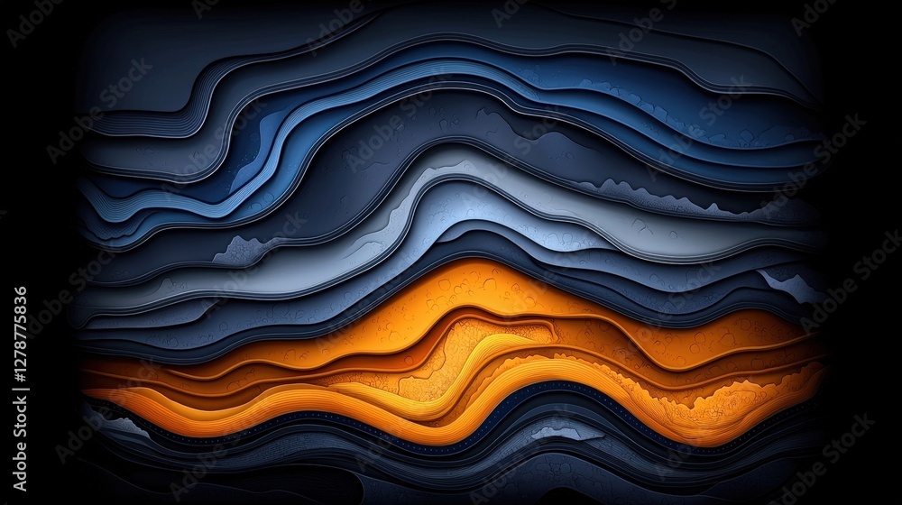 Obraz premium Abstract Layered Waves in Shades of Blue and Orange on Dark Background