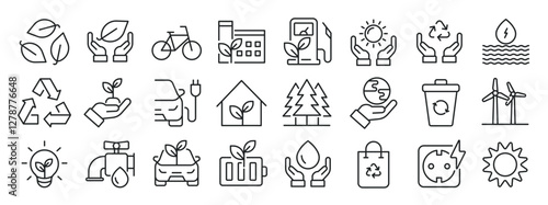 Set of line icons related environment, ecology, sustainable, energy. Editable stroke. 500x500px Perfect pixel on transparent background