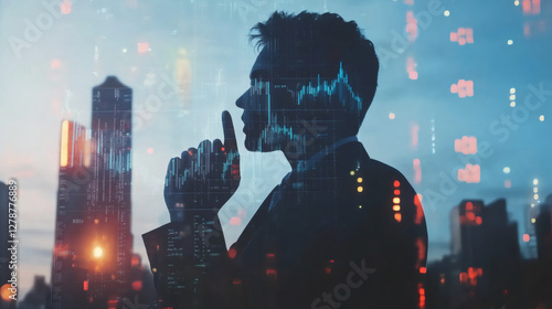 Businessman thinking about investments in the stock market, analyzing graphs and data projected over a cityscape