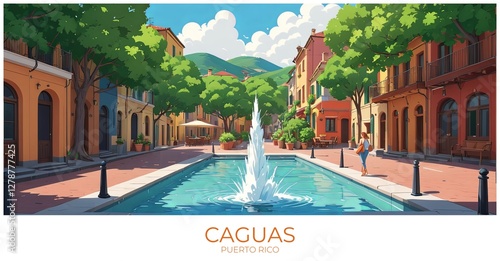 Caguas Puerto rico Travel Poster Flat Illustration Print Decor Gift Canvas Wall Art photo