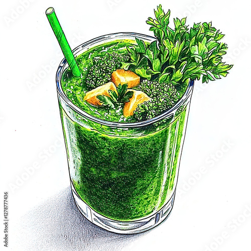 Artistic food drawing of fruits and drinks with colored pencils capturing texture beautifully. Refreshing Green Smoothie with Fresh Mint and Parsley Garnish