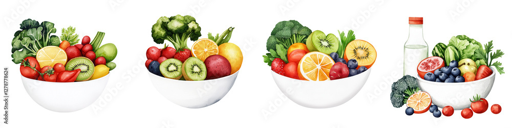 Fresh and Colorful Healthy Fruits and Vegetables in Bowls Fresh and Colorful Healthy Fruits and Vegetables in Bowls