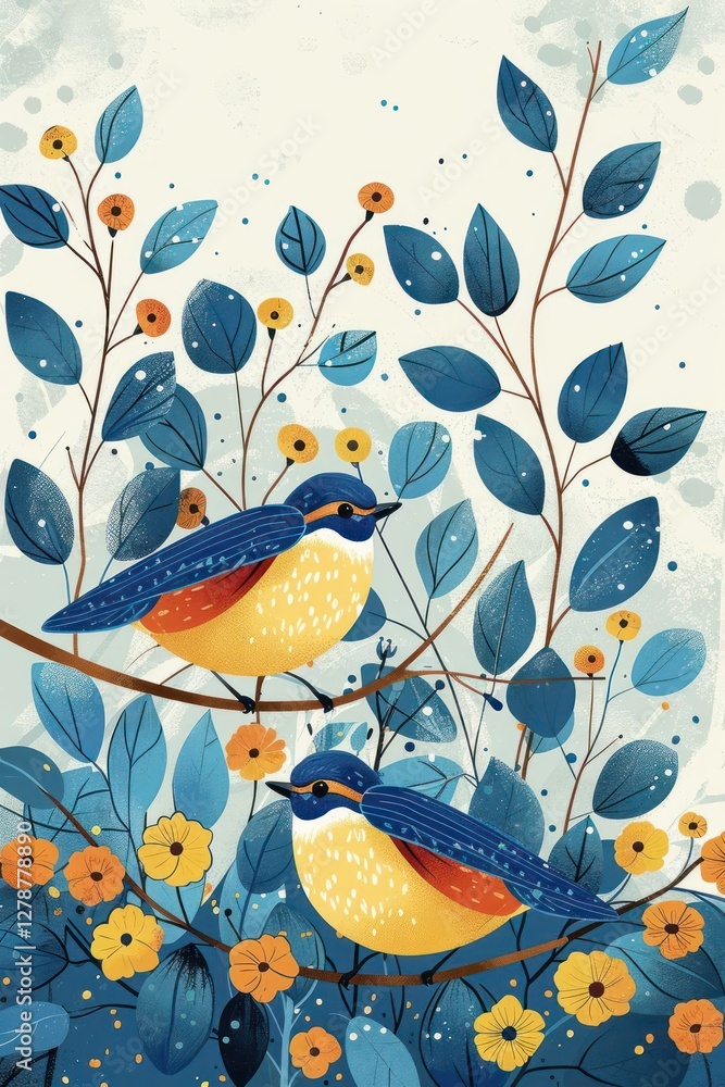 Two colorful birds perched among vibrant foliage and flowers in a whimsical illustration. Two colorful birds perched among vibrant foliage and flowers in a whimsical illustration.