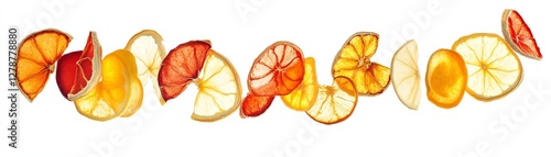 Dried citrus slices on white isolate background, ideal for decorations or recipes.