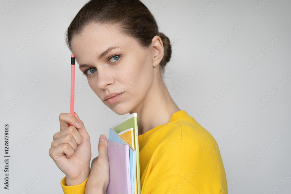 a beautiful young female student with a pencil in her hand rests on her cheek, smiles thoughtfully and looks at the camera, gray background a beautiful young female student with a pencil in her hand rests on her cheek, smiles thoughtfully and looks at the camera, gray background