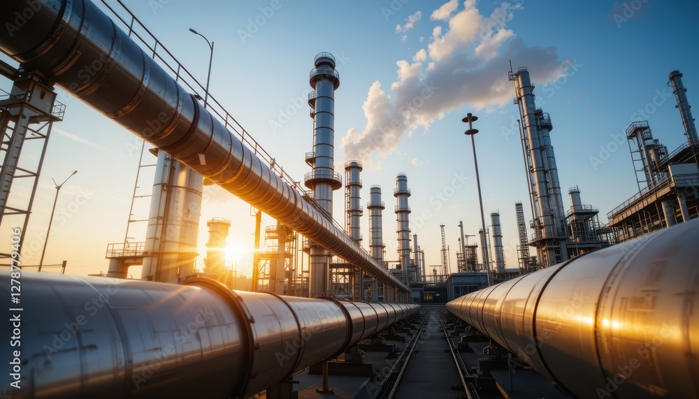 Industrial Landscape with Pipes and Smokestacks at Sunset in an Oil Refinery Environment Industrial Landscape with Pipes and Smokestacks at Sunset in an Oil Refinery Environment