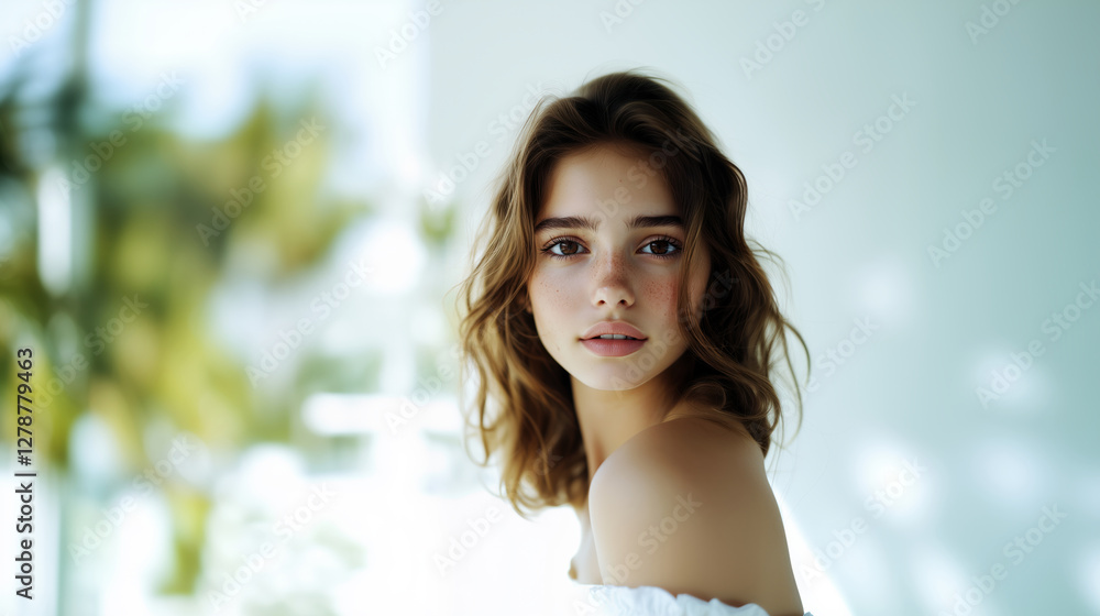 portrait of attractive young woman with shoulder-length brown hair wearing white dress in style of fashion photography