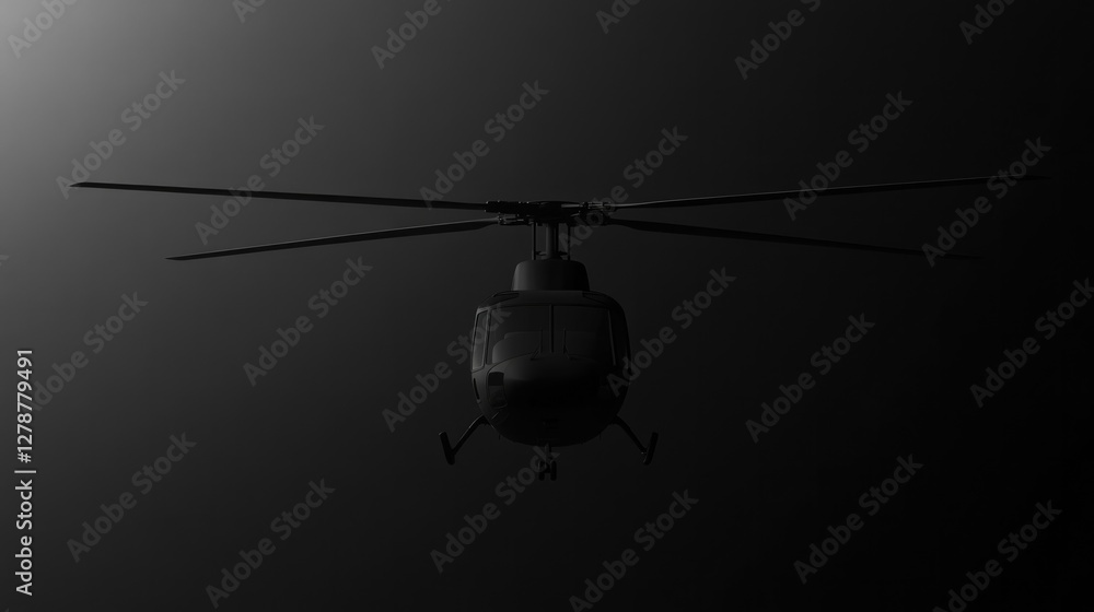 Dark silhouette of helicopter against soft light creates dramati Dark silhouette of helicopter against soft light creates dramati