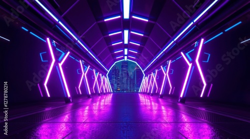 Neon Cityscape Tunnel Futuristic Purple and Blue Lights