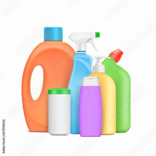 Collection of plastic colored bottles with detergent, soap, cleaning product. Vector mockup isolated on white background. Stock illustration