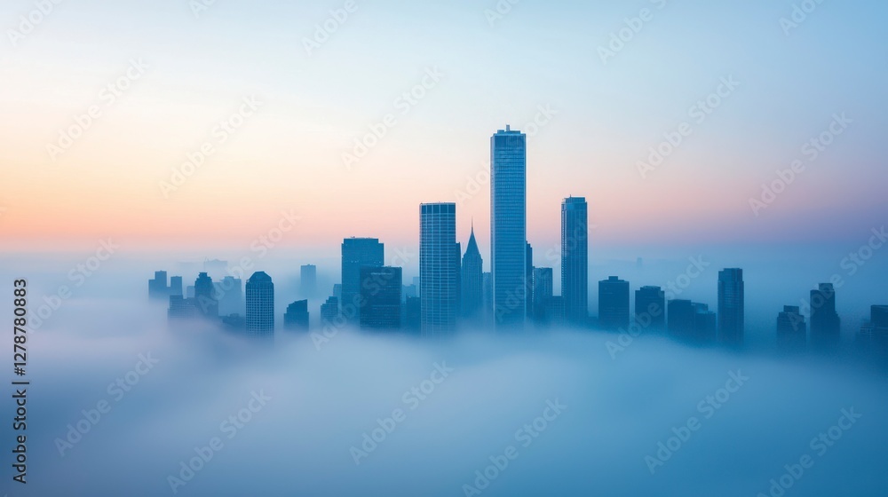 Fototapeta premium Distant Cityscape Covered in Thick Fog at Sunrise in Soft Lighting
