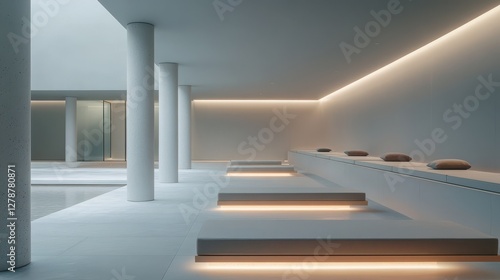 A minimalist white architectural interior features clean columns and bright  expansive lighting  creating a sleek and spacious environment.