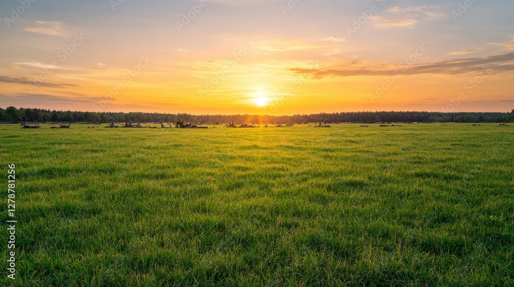 Serene Sunset Over a Lush Meadow with Vibrant Green Grass Serene Sunset Over a Lush Meadow with Vibrant Green Grass