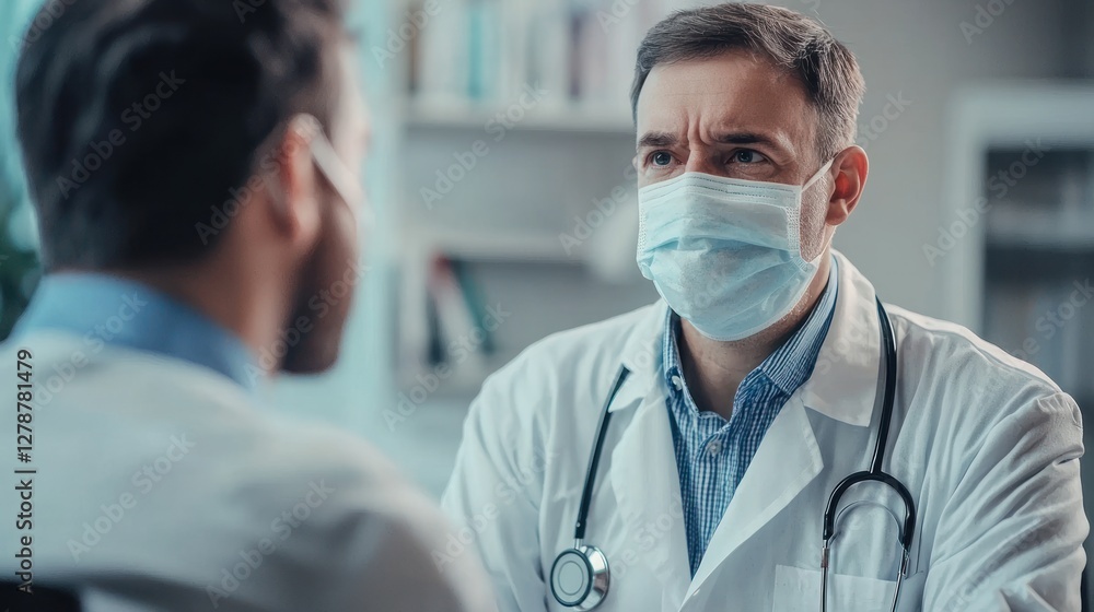 A masked doctor reassuring a patient during a consultation A masked doctor reassuring a patient during a consultation