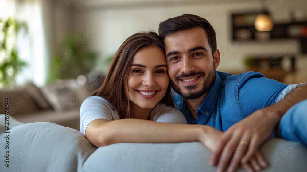 Portrait of a happy young couple sitting on sofa in their living room at home smiling and looking at camera with love Portrait of a happy young couple sitting on sofa in their living room at home smiling and looking at camera with love