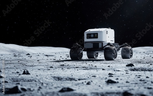 Fototapeta Naklejka Na Ścianę i Meble -  Robotic Rover Exploring the Surface of a Deep Lunar Terrain