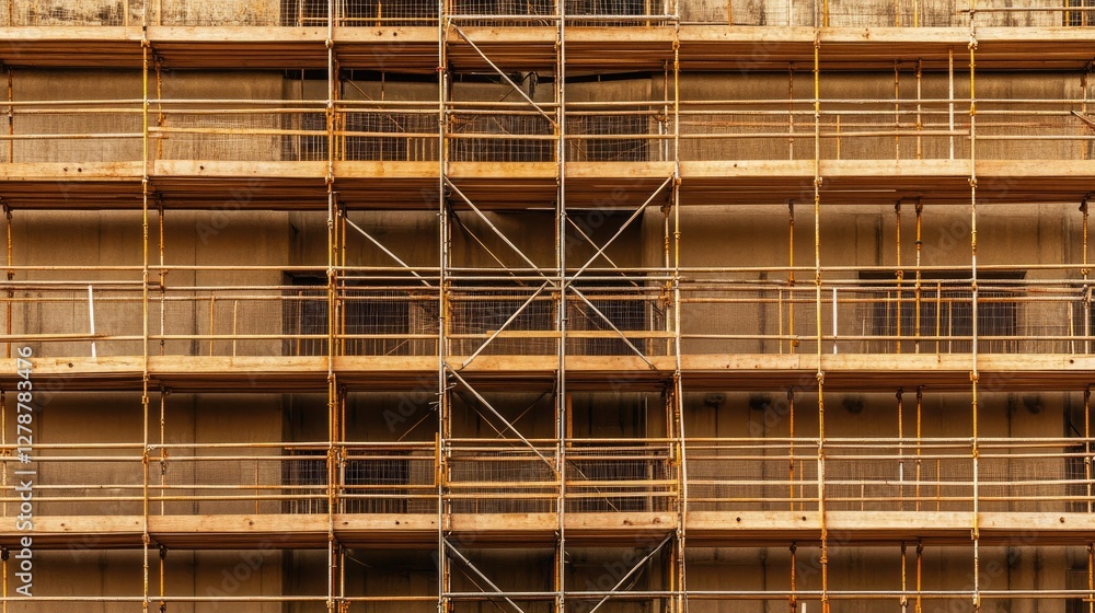 Aerial view of a complex scaffolding system wrapping around an unfinished building, emphasizing construction engineering. Aerial view of a complex scaffolding system wrapping around an unfinished building, emphasizing construction engineering.
