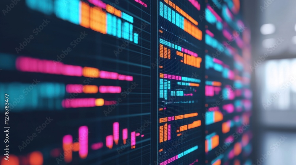 Analytics concept. Futuristic Digital Analytics Interface with Dynamic Neon Patterns and Data Visualization Analytics concept. Futuristic Digital Analytics Interface with Dynamic Neon Patterns and Data Visualization