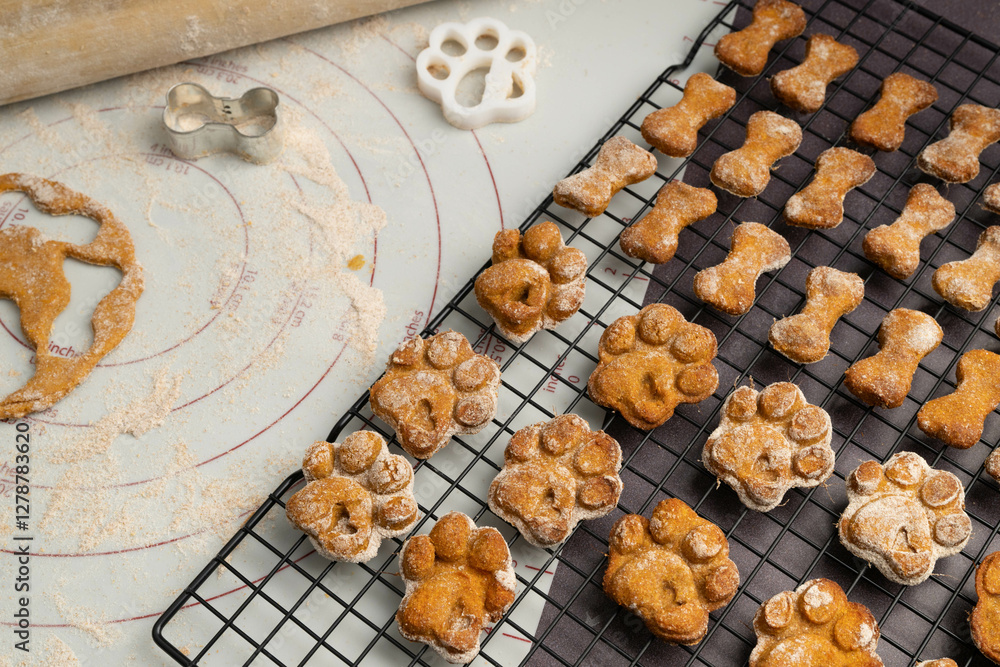 Ταπετσαρία Crunchy homemade baked healthy dog treat biscuits cooling on a black wire rack, sweet potato, applesauce, egg, whole wheat flour
