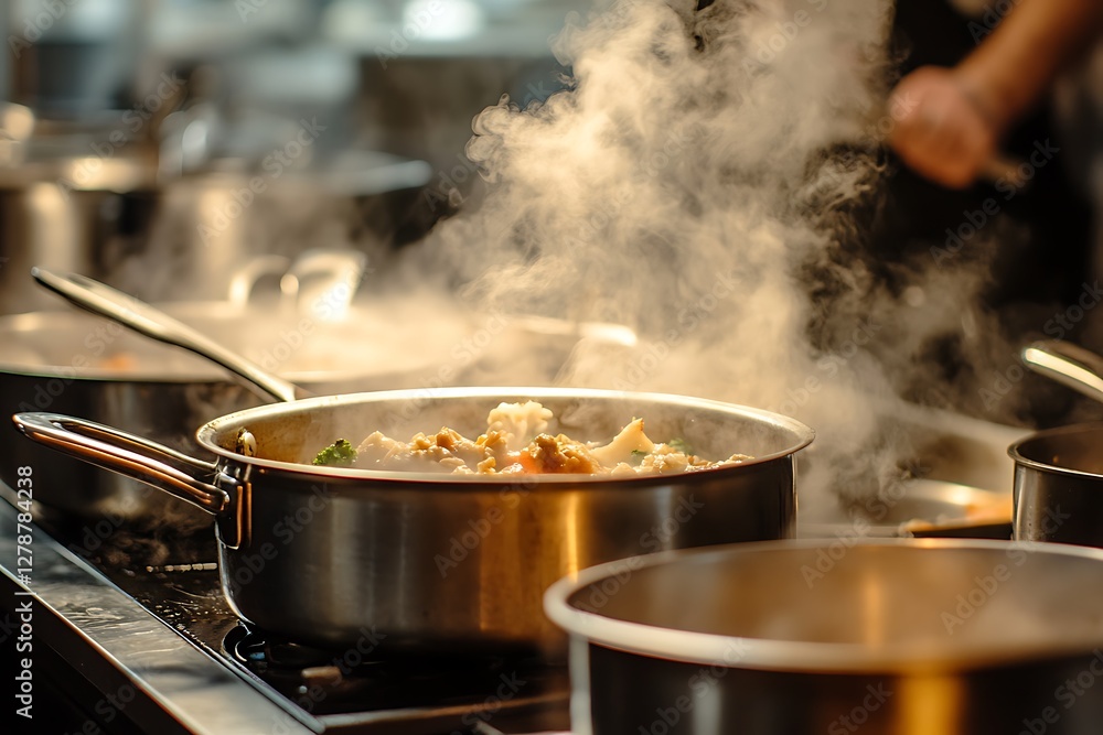 Restaurant kitchen, chef cooking, steaming food Restaurant kitchen, chef cooking, steaming food