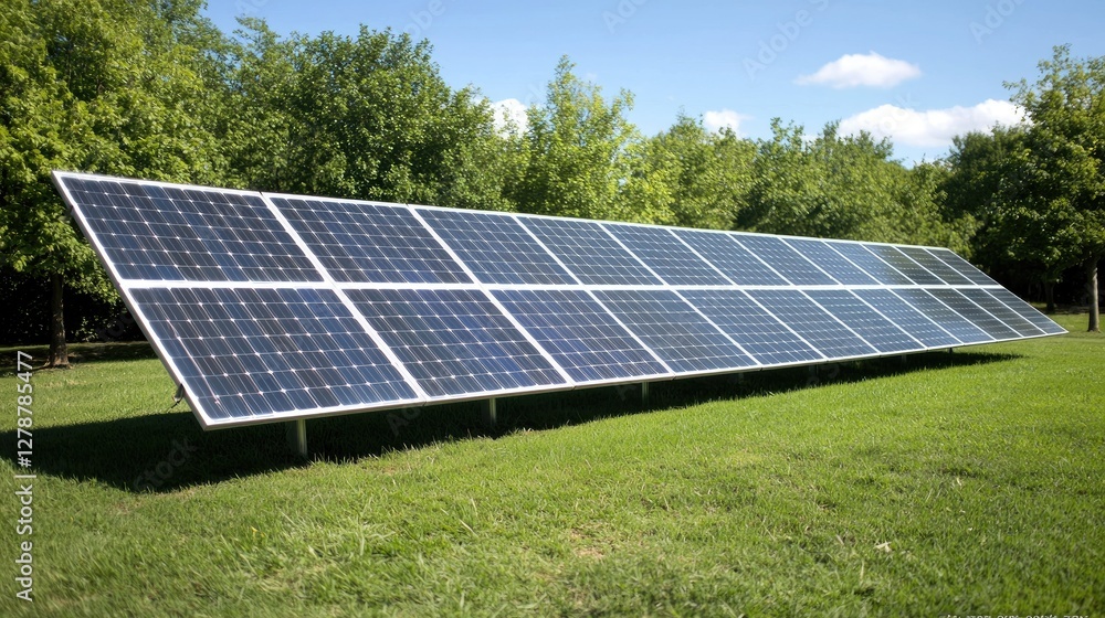 Solar panels in a grassy field under a partly cloudy sky. Possible use for environmental conservation Solar panels in a grassy field under a partly cloudy sky. Possible use for environmental conservation