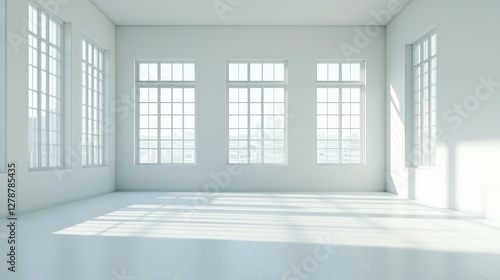 A bright office space with clean white walls and large windows