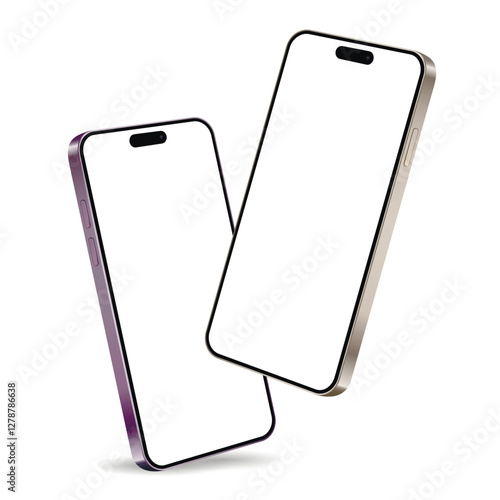 Two smartphones mockup with blank screens while levitating in the air on a white background